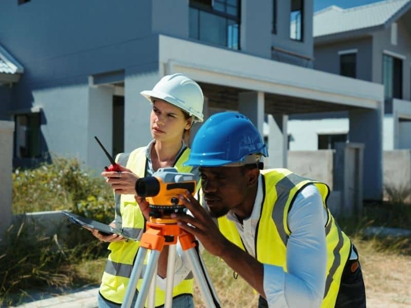 Surveyors using equipment to document measurements at a newly completed residential property for an as-built survey