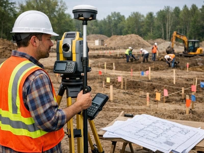 Land surveyor performing construction staking with GPS equipment and site markers before construction begins