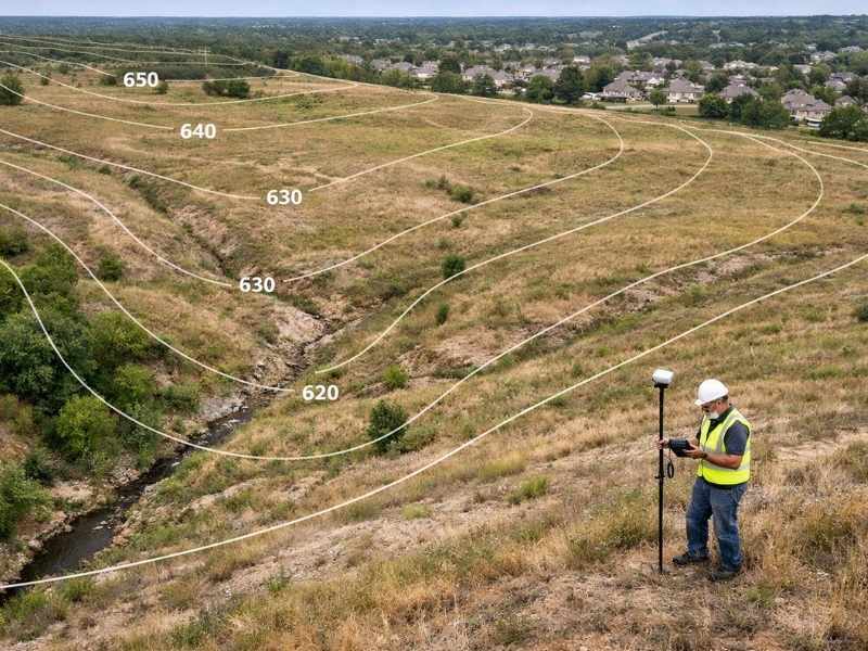 Surveyor reviewing a sloped property with contour lines showing elevation changes and drainage flow before site planning