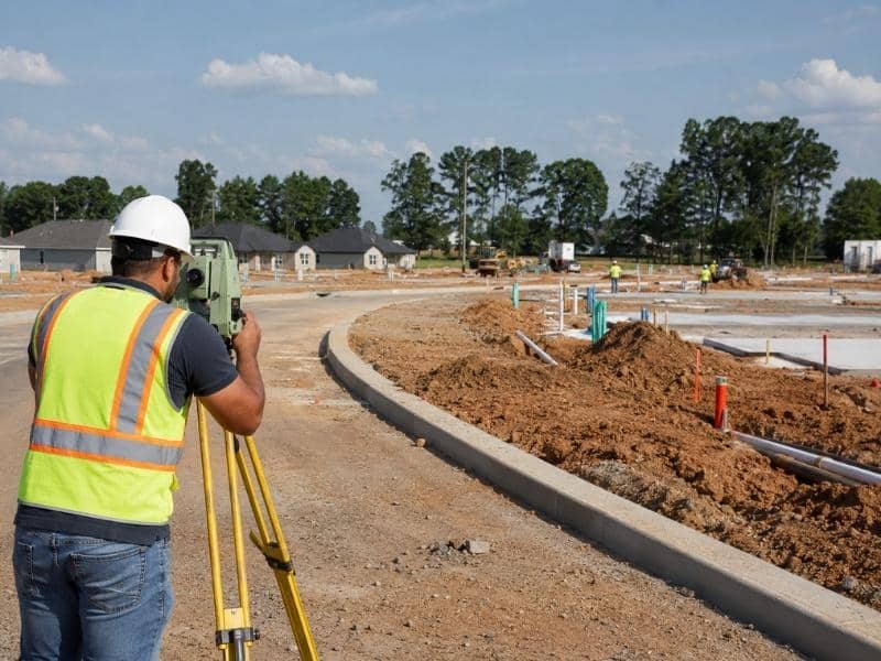 construction survey crew staking roads and utility corridors for workforce housing in Andalusia Alabama