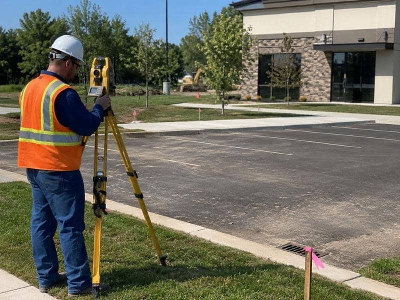 Boundary Surveying professional measuring a commercial property before a change of use in Andalusia Alabama